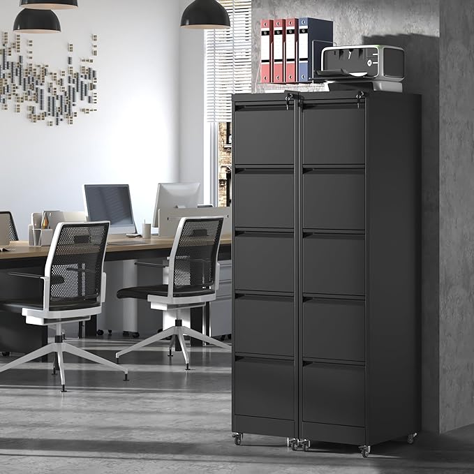 5 Drawer Locking File Cabinet with Wheels,Metal Mobile Filing Cabinets,Black Vertical File Cabinet for Home Office,Heavy Duty Storage Cabinet for A4/Letter/Legal Size File,Assembly Required
