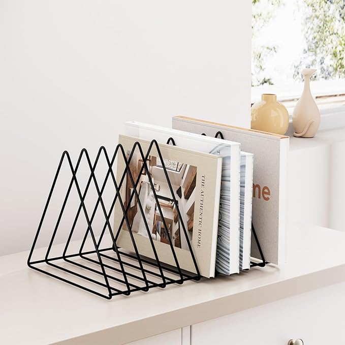 Urban Deco Triangle Desk Organizer - Metal Wire Magazine Holder, 10 Sections, Decorative File Folder Organizer, Vinyl Record Storage, Office File Holder - Black