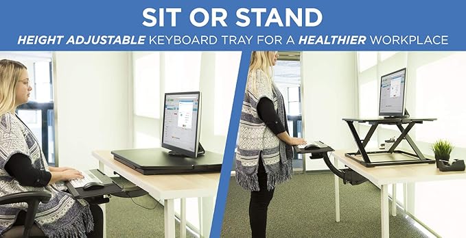 Mount-It! Sit Stand Keyboard Tray, Height Adjustable Under Desk Keyboard and Mouse Drawer, Full Motion Standing Design with 13.4 Inches of Vertical Adjustment, 26.5 in Wide Platform
