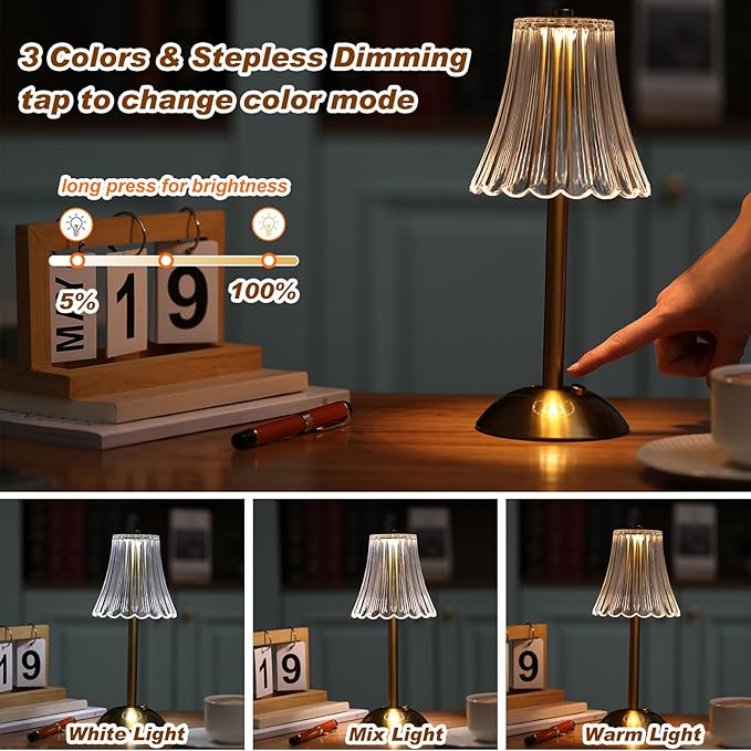 Liliful 2 Pcs LED Portable Cordless Table Lamp Touch Battery Operated Rechargeable Gold Desk Lamp 3 Color Dimmable for Bedroom Living Room Dining (Gold,Rose Style)