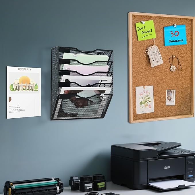 Hanging Wall File Organizer with Office Assorted, 5 Pockets Mesh Wall Mounted File Folder Holder for Mail, Paper, Document, Binder, Magazine, Menu (Black)