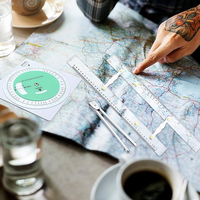 3 Pcs Marine Navigation Kit, Basic Navigation Set Include 18" Marine Parallel Ruler with Clear Scales, 8" Diameter Nautical Plotter Protractor, 6" Fixed Point Divider for Boat Accessories