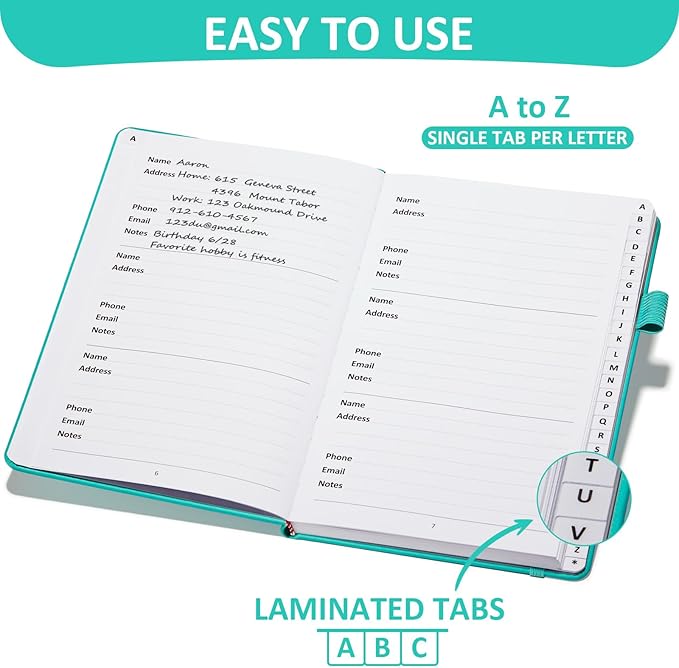 Address Book with Individual Alphabetical Tabs Laminated, Large Print Address Book with 468 Wide Lining Entry Spaces, Change of Address Labels, Hardcover Address Book 5.7 x 8.5" - Aquamarine