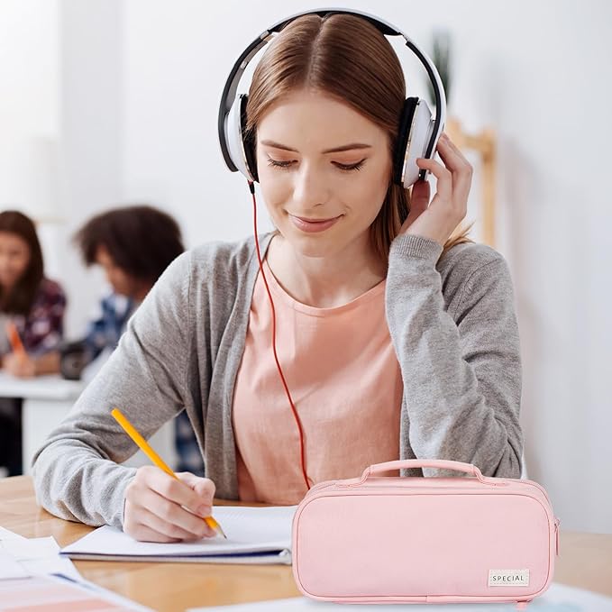 MAMUNU Pencil Case Large Capacity with 3 Compartments, Pencil Case Pouch Bag with Zipper Handle Portable Pen Stationery Organizer for Teen Girls Adults College School Office Travel, Pink