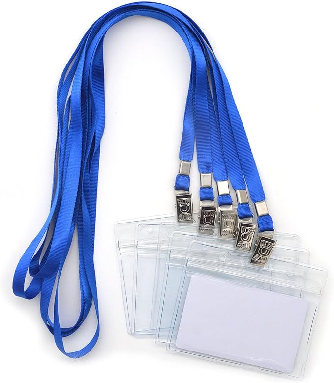 Name Tags,Bird Fiy 50 Pcs Waterproof Type Clear Plastic Horizontal Name Tag Badge Id Card and 50 Pcs Blue Lanyard