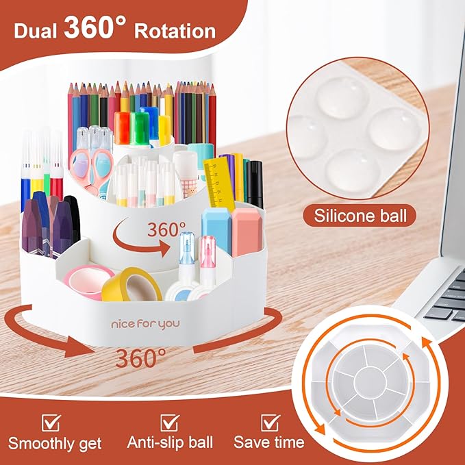 Rotating Desk Pen Organizer, 13 Storage Slots, Large Capacity Pen & Marker Holder, Multifunctional Desktop Organizer for Stationery, Cosmetics, and Kitchen (White)