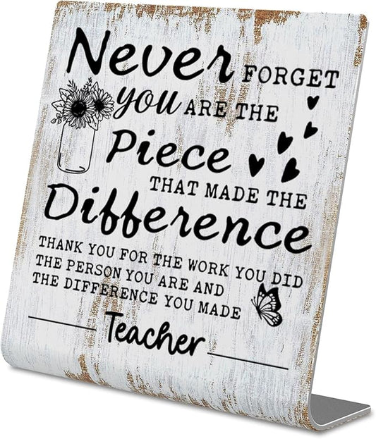 TRCENDE Appreciation Thank You Gift for Teacher - Never Forget You are The Piece Sign - Office Retirement or Going Away Gift - Metal Desk Sign XLK215