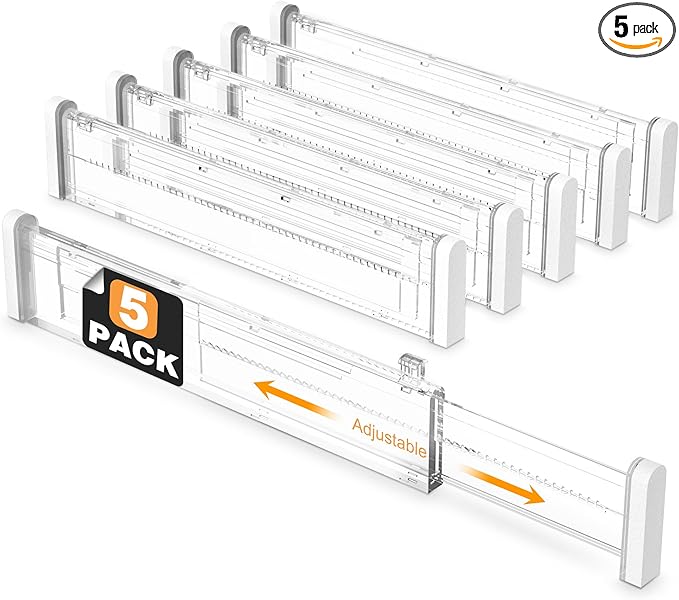HiYZ Expandable Drawer Dividers - 12.6-22.8'' Adjustable Drawers Organizers for Kitchen Utensils, Drawer Separators in Bedroom, Dresser, Office, Bathroom, Fridge, 5 Pack Long Dividers-Clear