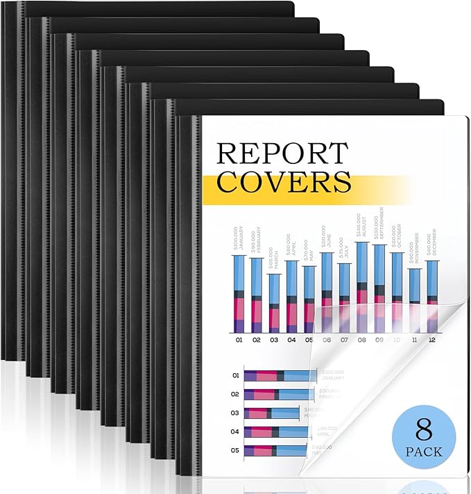 8 Pack Report Covers, COIDEA Report Covers with 3-Prong Fasteners, Presentation Folders for A4 and Letter Size Paper, Clear Front Report Covers Binder Bulk for School Business, 100 Sheet Capacity