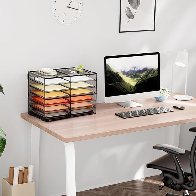 Marbrasse 7 Tier Desktop Literature Organizer, Mesh Paper Organizer Desk Organizers, File Sorter Mail Center Paper Storage Cabinet Classroom Keepers Mailbox for Office Home School, Black
