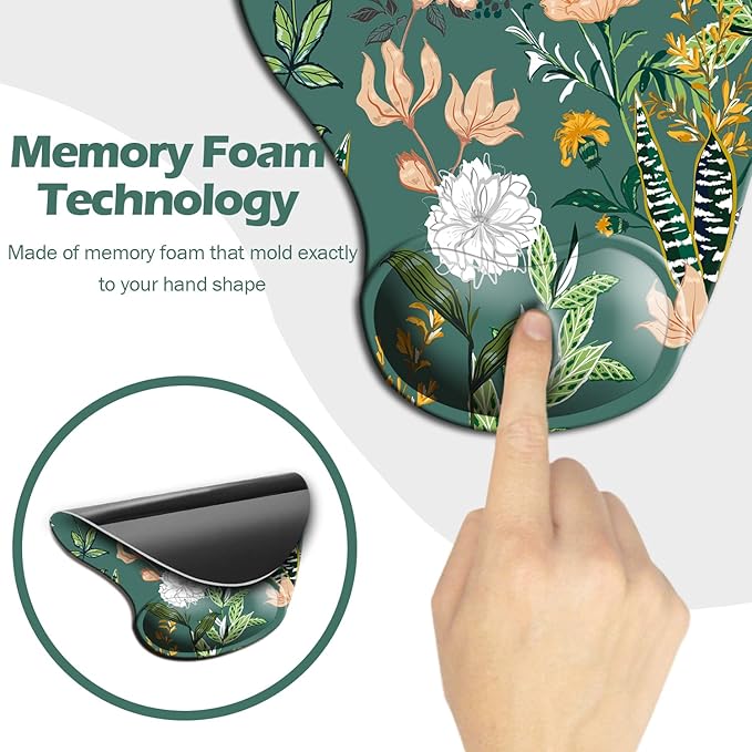Dooke Ergonomic Mouse Pad with Wrist Support, Cute Mouse Pads with Non-Slip PU Base for Home Office Working Studying Easy Typing & Pain Relief Dark Green Floral