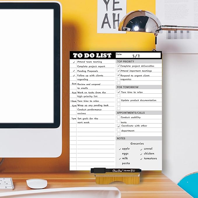 Dry Erase Desk Planning Board - Reusable Desktop Daily Planning Board, Work to-do List - 11"x8.5" Tabletop Dry Erase Board with Stand - Marker Included