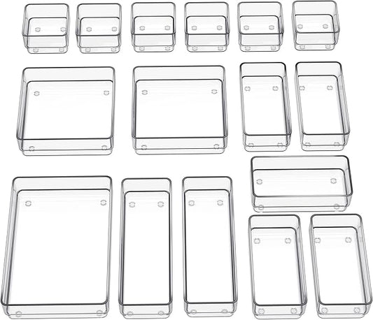 SMARTAKE 16-Piece Drawer Organizer with Non-Slip Silicone Pads, 5-Size Desk Storage Tray for Makeup, Jewelries, Utensils in Bedroom Dresser, Office and Kitchen, Clear