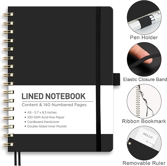 RETTACY Lined Journal Notebook, 140 Numbered Pages, A5 Medium Size (5.7'' x 8.3''), for Men & Women, Journaling, Writing, Work & Office, Spiral-bound, Hardcover, 100 GSM Thick Paper (Black)