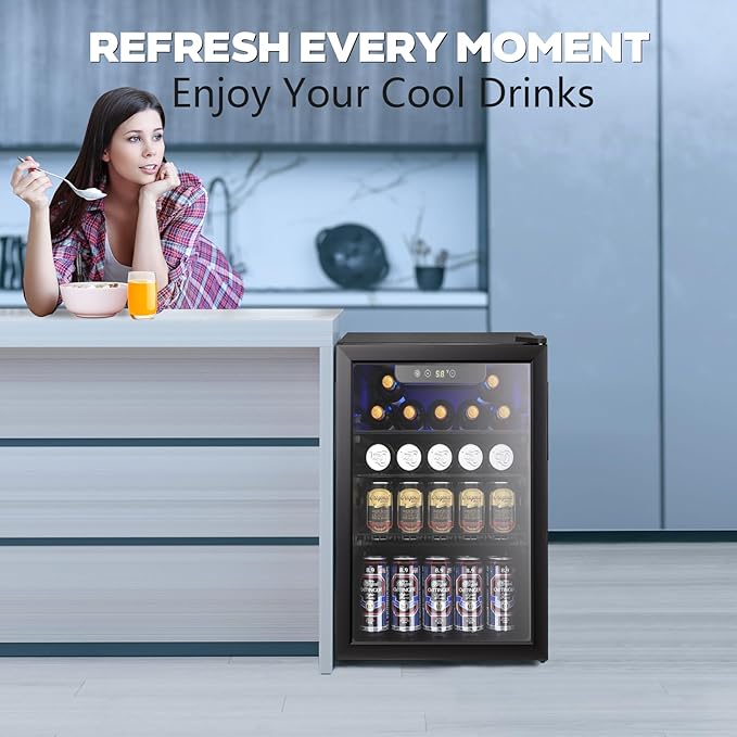 2.7 Cu.ft Beverage Refrigerator Cooler, 95 Can Mini Fridge Glass Door with Adjustable Shelves, Digital Temperature Display, Freestanding Small Drink Fridge for Home, Office or Bar(Black)