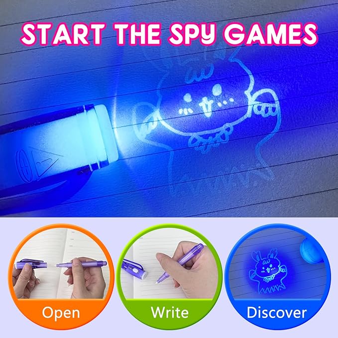 Invisible Ink Pen Spy Game for Kids, Party Favors Toys for Girls Boys, Magic Markers for Boys Girls Fun Outdoor Toys, Birthday for 6-13 Year Old Girls Boys (24PCS+Black Notebooks)