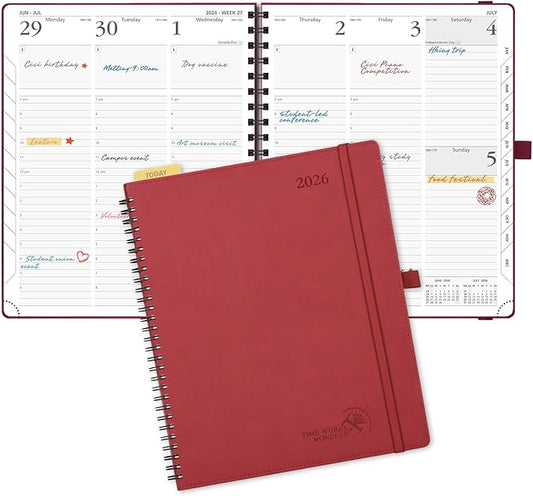 POPRUN 2026 Planner (Large - 8.5" x 10.5") with Hourly Schedule, Vertical Layout - 2026 Weekly Calendar (Jan. 2026 - Dec.2026) for Time Management, Monthly Tabs, Spiral Bound, Soft Cover - Burgundy Red
