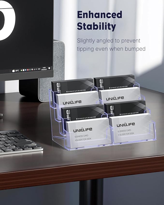 Uniclife Acrylic Business Card Holder for Desk 8 Slots Clear Business Card Display Stand for Men & Women Desktop Business Card Organizer Card Stand for Office Home Exhibition, 480 Card Capacity