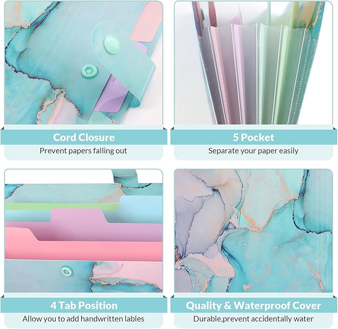 SKYDUE 5 Pockets Expanding File Folder, File Folders, Cute Accordion File Organizer with Labels (1 Pack, Lightblue)