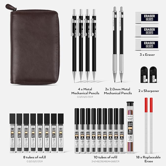 Nicpro 33PCS Black Metal Mechanical Pencil Set in Leather Case, Art Drafting Pencil 0.3, 0.5, 0.7, 0.9 mm, 2mm Lead Holders for Sketching Drawing With 18 Tube (6B 4B 2B HB 2H 4H Colors) Lead Refills