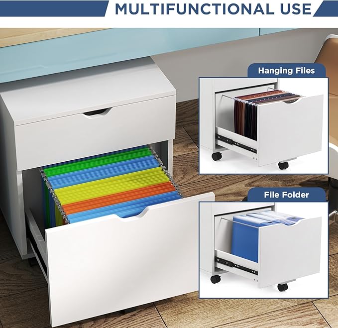 HollyHOME 2-Drawer Wood File Cabinet, Under Desk Cabinet for Home Office, Rolling Storage Shelf for Home, Printer Stand, for A4, Letter-Size, 11.8in Hanging File Folders, White