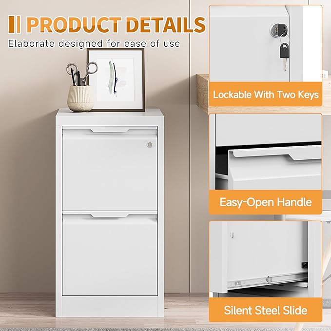 2-Drawer Metal File Cabinet with 1 Lockable Drawer,Steel Printer Stand with Storage for Home Office,Vertical Filing Cabinet for Legal/Letter/A4 Files,Assembly Required(15''W-2 Drawers,White)