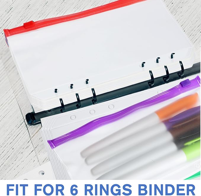 40 Pieces 6 Ring Binder Zipper Pouch, 6 Hole Binder Pockets with Zipper Bulk Folders A6 Plastic Pouch Colorful Loose Leaf Bags Waterproof PVC Document Filing Bag