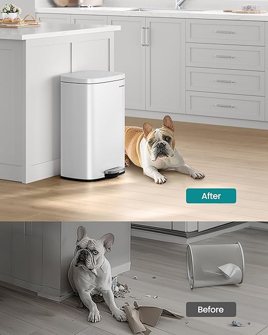 SONGMICS 13 Gallon (50 L) Trash Can, Stainless Steel Kitchen Garbage Can, Recycling or Waste Bin, Soft Close, Step-On Pedal, Removable Inner Bucket, White ULTB050W01