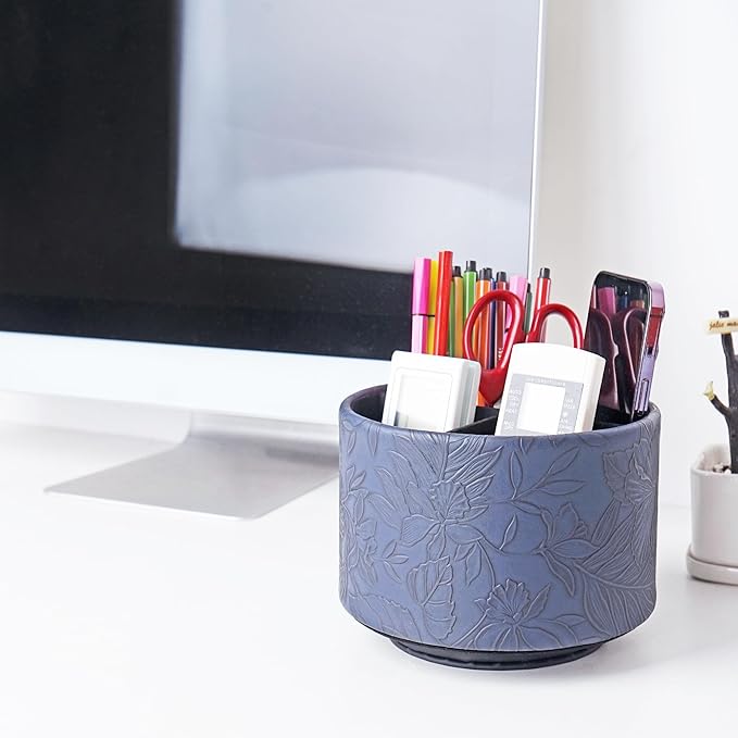 Hennaja Round Leather Art Supply Organizer,Remote Control Holder,360 Degree Spinning,Multi-Functional Pencil Holder,4 Compartments Desktop Stationary Organizer(1-Carved Dark Blue)