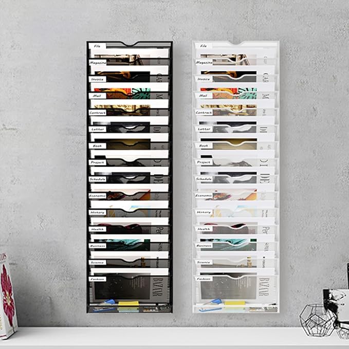 16 Tier Hanging Wall File Holder, Metal A4 Wall Mounted Document Holder, Vertical Hanging Mail Organizer, Magazine Storage Rack with Tray for Office Home Classroom, White