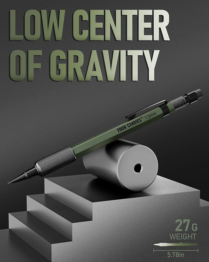 Four Candies 1.3mm Mechanical Pencil Set with 72 Lead Refill, 3PCS Metal Weatherproof Body Heavy Duty Carpenter Pencil, 3 Eraser, 16 Eraser Refill, for Outdoor Woodworking Drafting Marking with Case