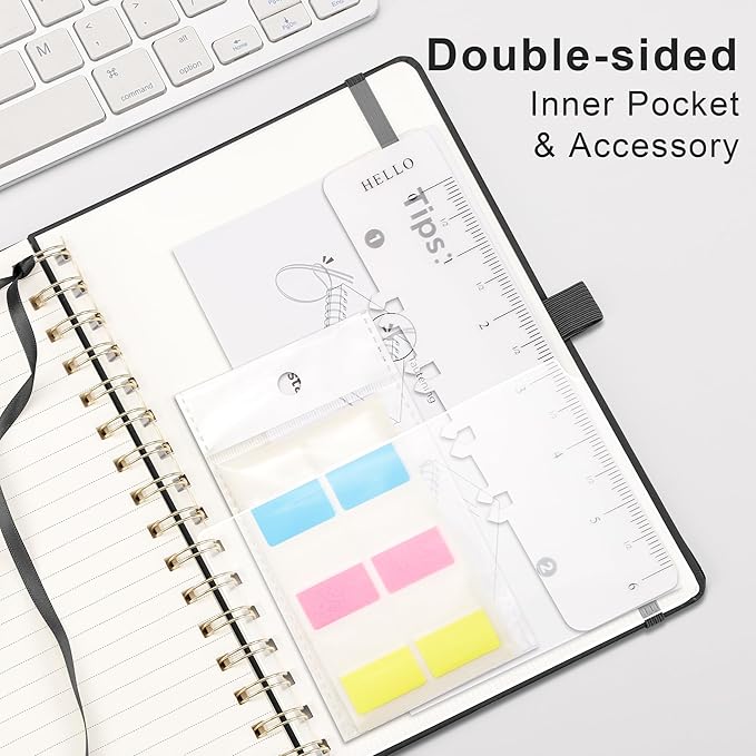 RETTACY Lined Journal Notebook, 140 Numbered Pages, A5 Medium Size (5.7'' x 8.3''), for Men & Women, Journaling, Writing, Work & Office, Spiral-bound, Hardcover, 100 GSM Thick Paper (Black)