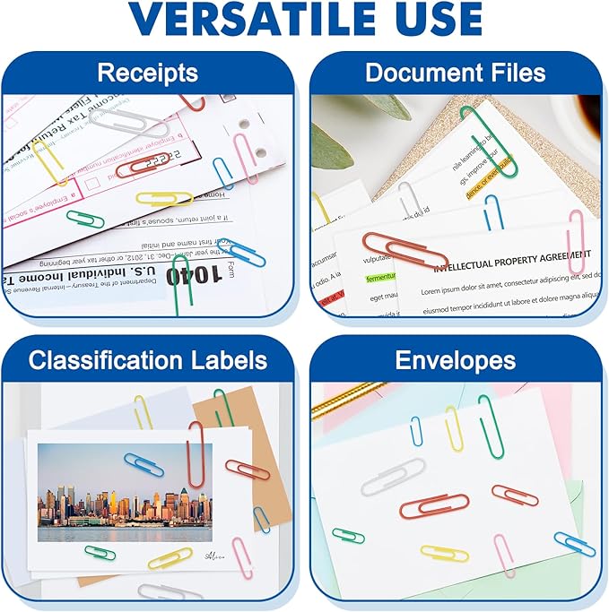 1000 Paper Clips Assorted Sizes, Large, Medium, and Small Colored Paper Clips, Durable, Rustproof, Great for Office Supplies, School, Home Organization(50mm, 33mm, 28mm)