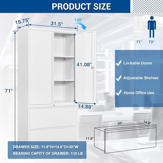 Metal Steel Storage Cabinets with Lockable Drawers and Doors Lateral File Cabinets Steel Metal Filing Lockers for Home Office Hanging Files Letter/Legal/F4/A4 Size