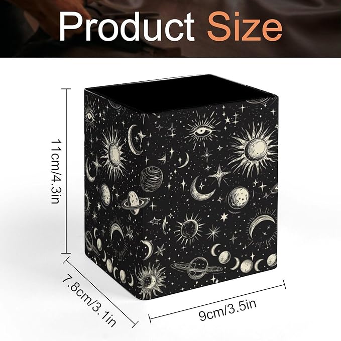 Square Pen Holder & Pencil Organizer for Desk - Office Storage Organizer, Markers/Makeup Brushes/Scissors Holder, Compact Desk Decor Accessories for Home Classroom School(Stars Moon Sun)
