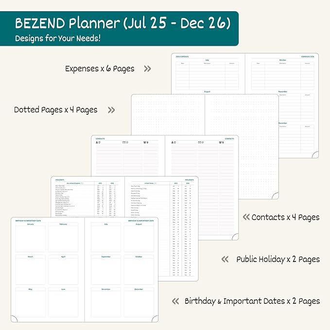BEZEND 2026 Planner Weekly and Monthly (8.5" x 11"), Large 2-Column Calendar Book (Jul 25-Dec 26), Dual Schedule for Daily Appointment, Inner Pocket & Tabs, PU Leather Hardcover - Evergreen