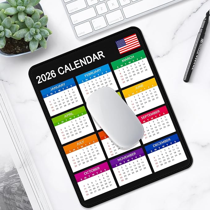 2026 Calendar Mouse Pad, Square New Year 2026 Mousepad 10.2 x 8.3 Inch, Stitched Edge Anti-Slip Waterproof Rubber Computer Mat for Office, Gaming, Laptop, New Year Office Supplies Gift, Black