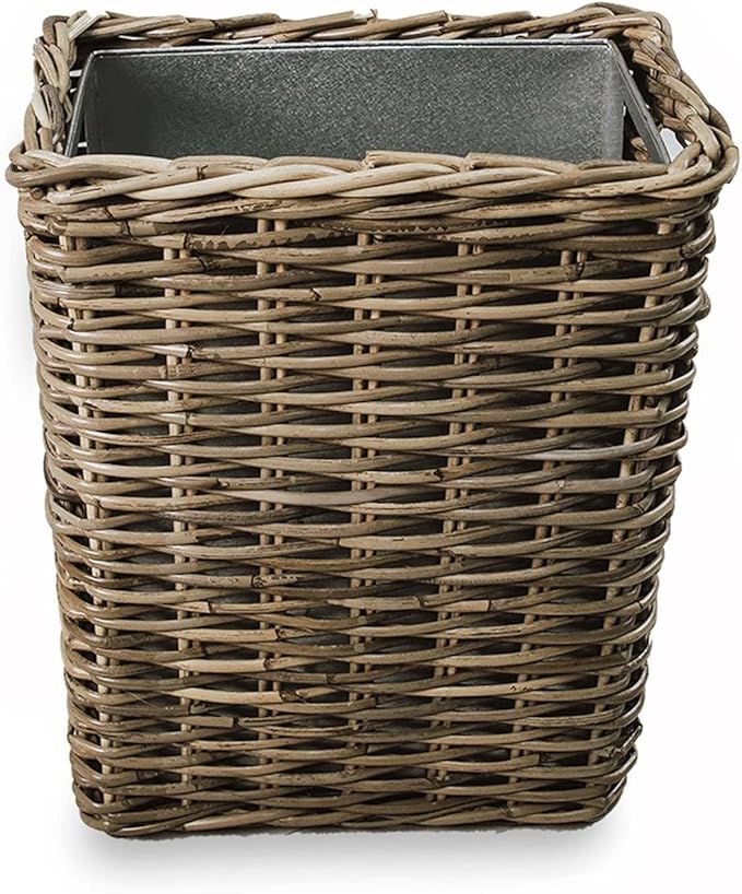 The Basket Lady Large Rectangular Kubu Wicker Waste Basket with Metal Liner, 14.5 in L x 9 in W x 18 in H, Serene Grey