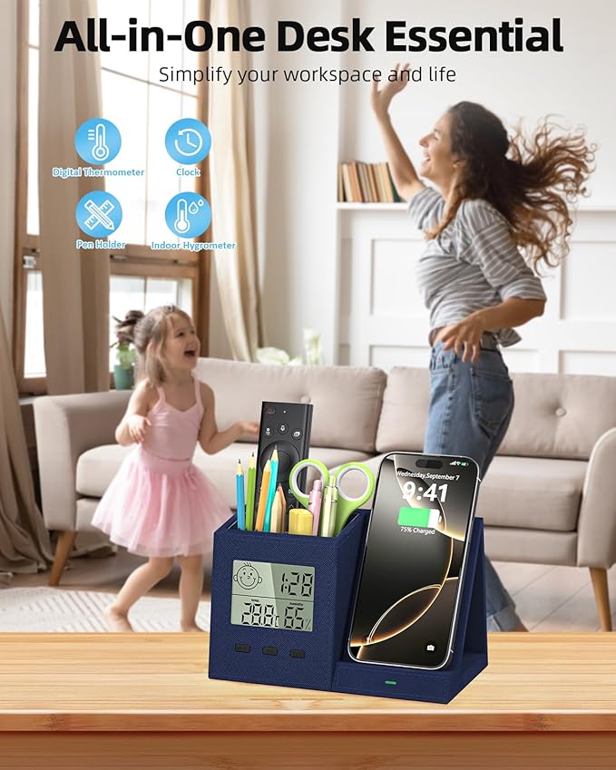 3-in-1 Wireless Charger with Pen Holder, Desk Clocks with Temperature and Humidity, Compatible with iPhone 16/15/14/13/12/11/8Series, Pencil Holder for Desk Home Office, Men Gift Idea Gadget, Blue