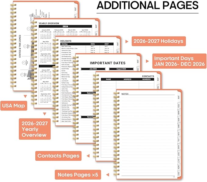2026 Planner, Weekly and Monthly Calendar Planner Book, January 2026 - December 2026, Hardcover Spiral Planner with Monthly Tabs, Notes Pages, Perfect for Women & Men, A5 (6.4" x 8.5") - Coral