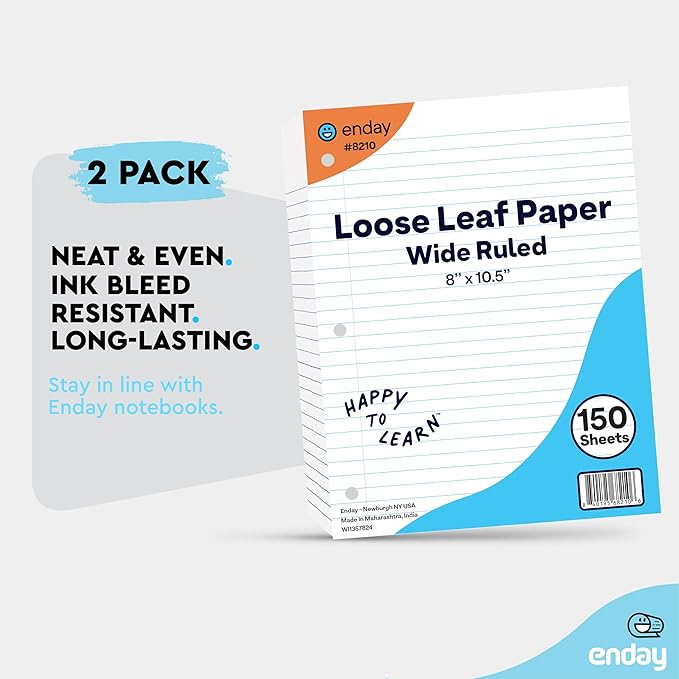 Loose Leaf Paper Wide Ruled Notebook Paper, 8" x 10.5" Filler Paper White, 3 Hole Punched Binder Paper for 3 Ring Binders, Lined Paper 150 Sheets Per Pack (2 Pack) - By Enday