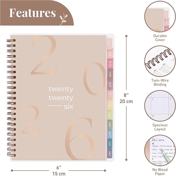 Rileys 2026 Planner, Agenda Planner With Weekly And Monthly View, Daily Agenda Book And Yearly Planners Calendar Book, Spiral Bound With Tabs, Notes, Goals And Holidays (Float, Beige, 8 x 6 in)