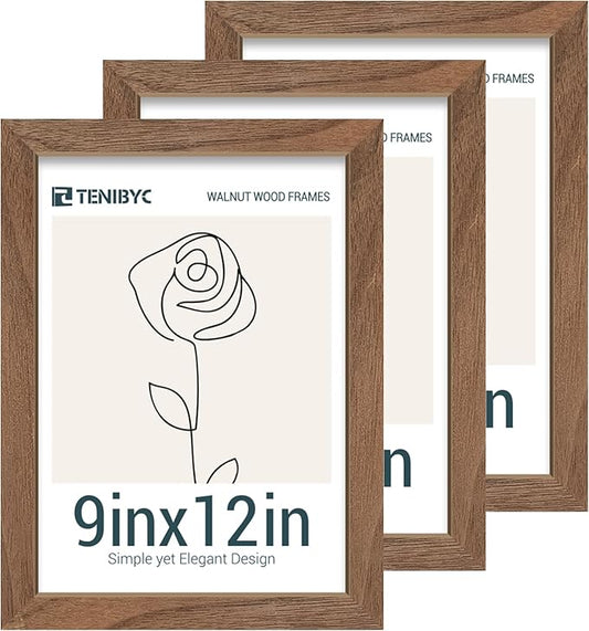 9x12 Frame 3 Pack with HD Glass - Brown Walnut, 9 x 12 Natural Wood Picture Frame, Wall Gallery Frame