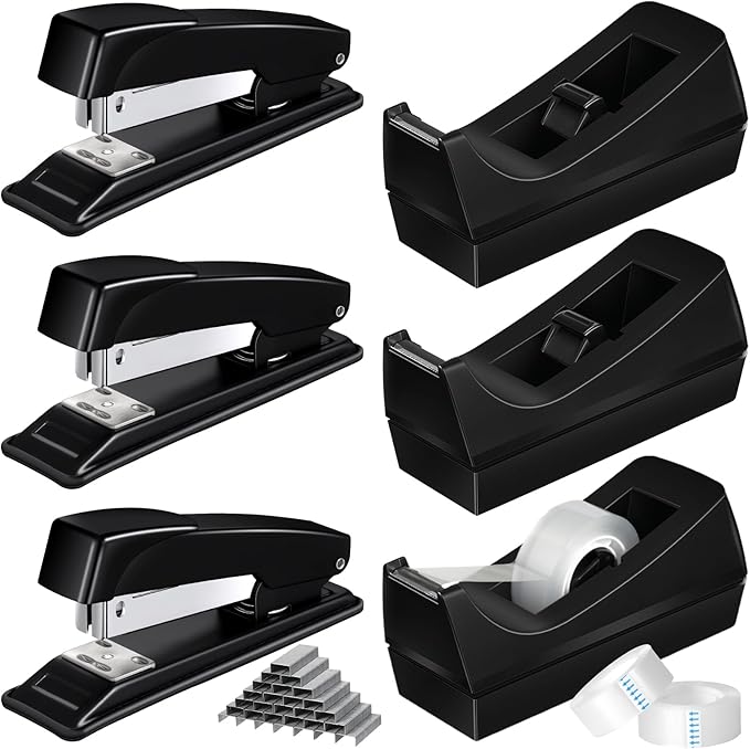 Thenshop 6 Pcs Desk Staplers Tape Dispensers Sets Black Staplers for Desktop Office with Standard Staples Black Holder with White Tape for Office School