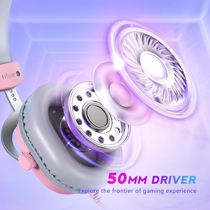 FIFINE USB Gaming Headset, PC Over-Ear Wired Streaming Headset with 3.5mm Jack, Detachable Microphone, 7.1 Surround Sound, Control Box, Passive Noise Cancellation, for PS5/Xbox/Switch-H9 Pink