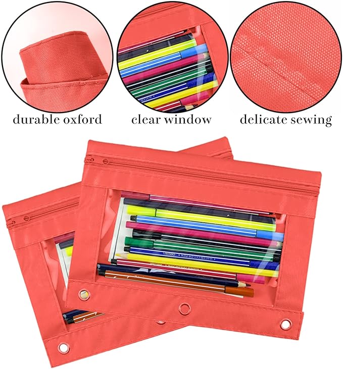 YoeeJob Pencil Pouch for 3 Ring Binder，Zipper Pencil Pouches Bulk，Pencil Case Pouch with Clear Window for Class, School, Office, 6 Colors-24 Packs