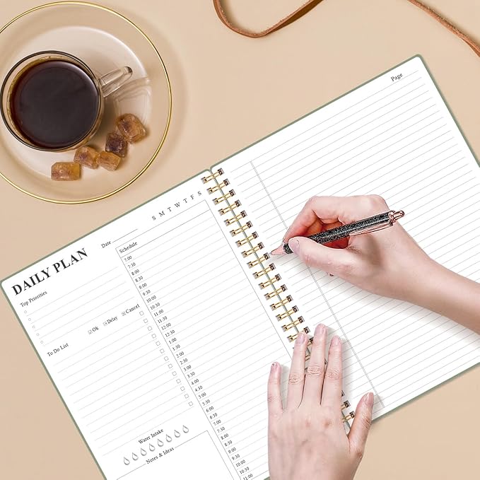 Daily Planner Undated - A4 To Do List Notebook Hourly Schedules, Spiral Appointment Planner for Women and Men,PVC Hardcover, Inner Pocket, Elastic Closure, 8.5" x 11", Green