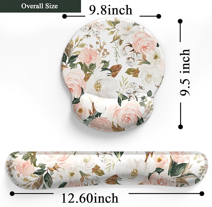 Pink Flower Desktop Mat Aesthetic Wrist Support Keyboard Mouse Wrist Rest Set, Computer Office Comfortable Wrist Rest for Mouse Easy Typing & Pain Relief, Ergonomic Computer Mouse Pad with Pu Base.
