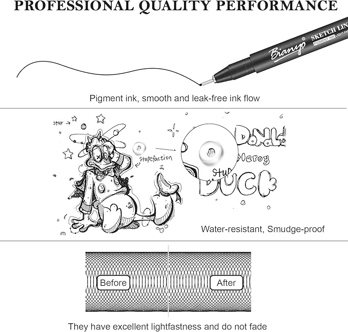 Bianyo Black Art Pen Set - 12 Assorted Sizes Fine Line Drawing, Upgraded Pigment Ink, Water-Resistant Archival Pens for Artists, Crafters, and Journaling