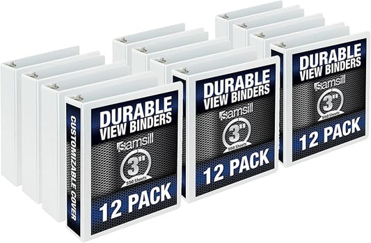 Samsill Durable 3 Inch Binder, Made in The USA, Round Ring Customizable Clear View Binder, Black, 12 Pack